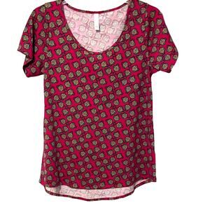 LULAROE SHORT SLEEVE PULL-OVER TOP, WOMENS, M, CRANBERRY & GREEN ABSTRACT, Hi-LO